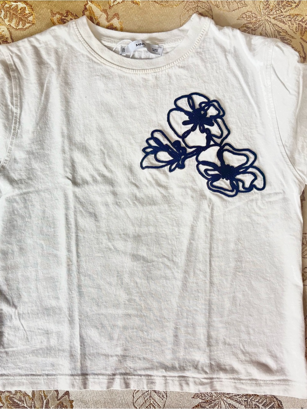 Mango White T-Shirt with Navy Floral Appliqué